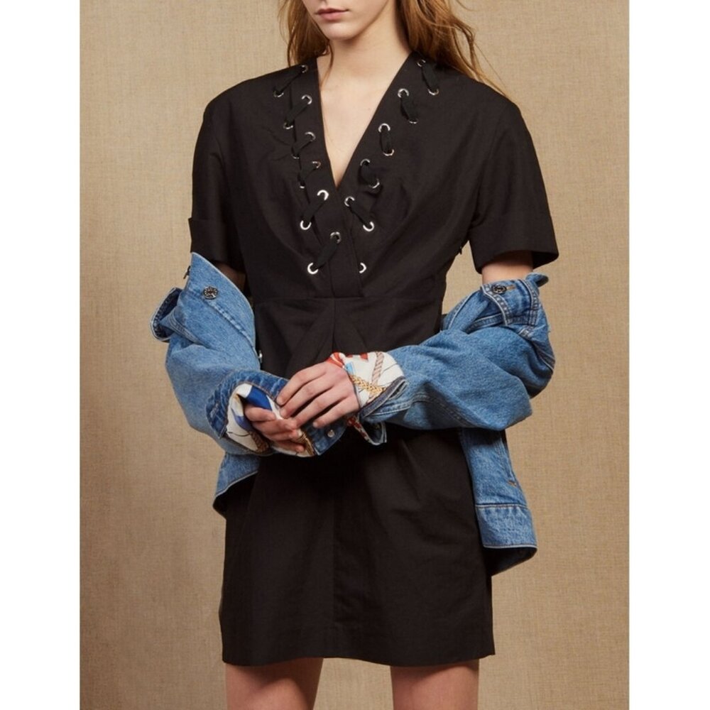 NWT Sandro black Clara cotton & linen blend mini dress w/ metal eyelet lace up